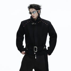 Black heavyweight cropped zip-up cardigan with stand collar streetwear style