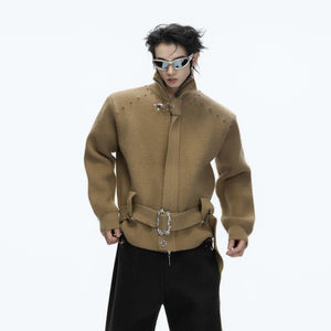 Close-up of khaki knit jacket showing premium cotton-wool texture