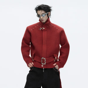 White cropped knit sweater with metal zircon hardware accents