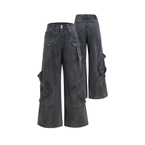 Front view of heavyweight distressed cargo jeans in dark gray