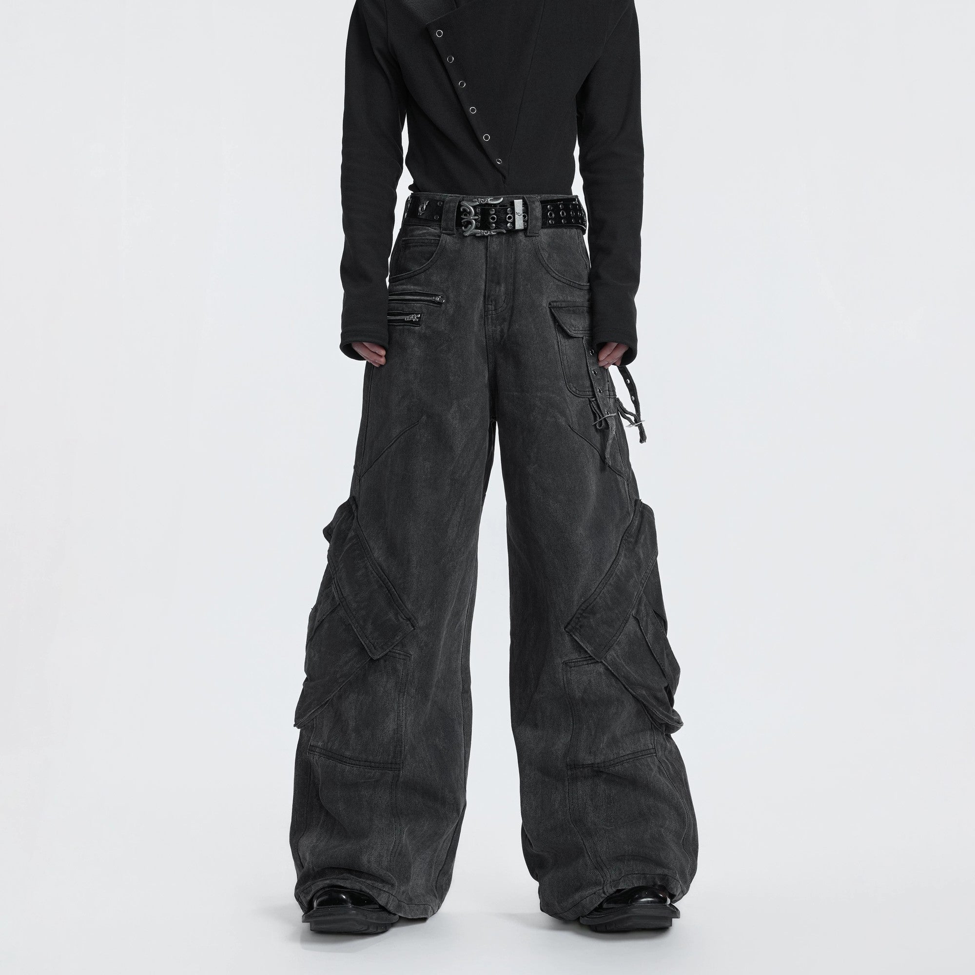 Close up of 3D cargo pocket and distressed denim texture