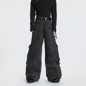 Close up of 3D cargo pocket and distressed denim texture