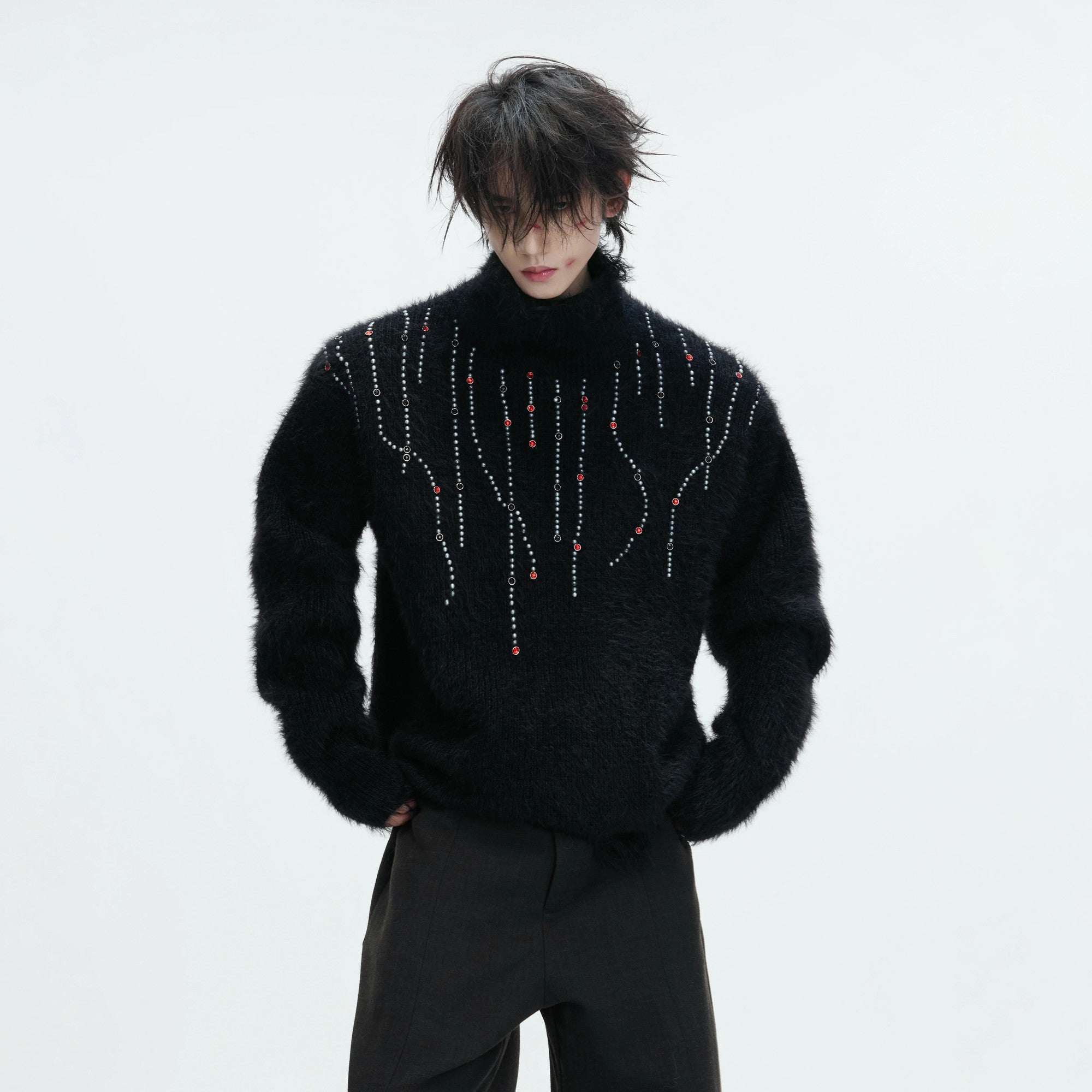 Front view of a white deconstructed mohair blend turtleneck sweater