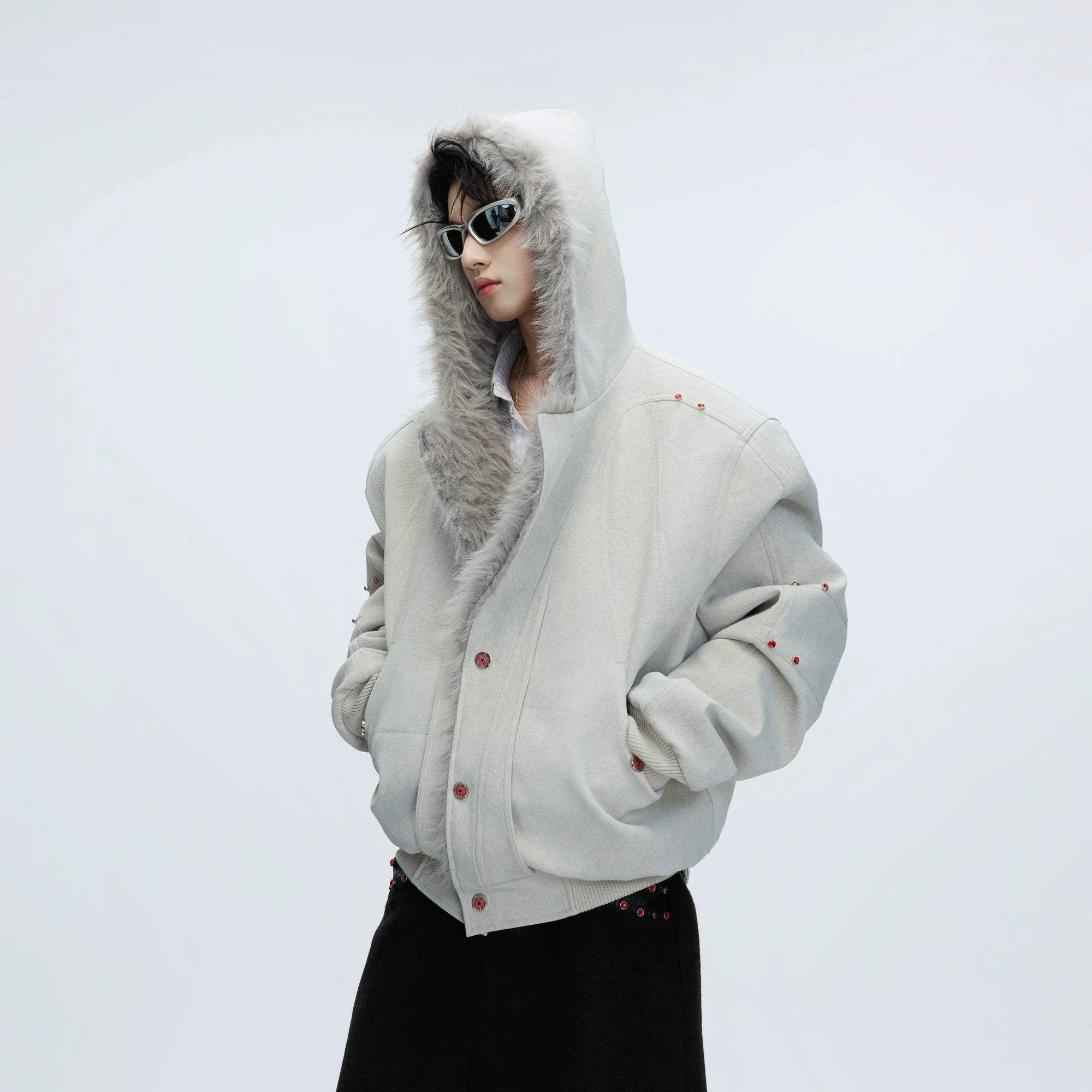 Back view of deconstructed patchwork winter parka