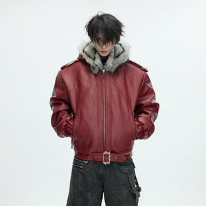 Back view of oversized gothic leather parka with hood