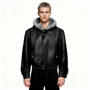 Close-up of luxury fur collar and deconstructed metal hardware