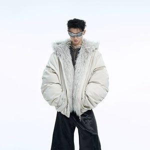 Men's black heavyweight hooded padded jacket in a loose streetwear fit.