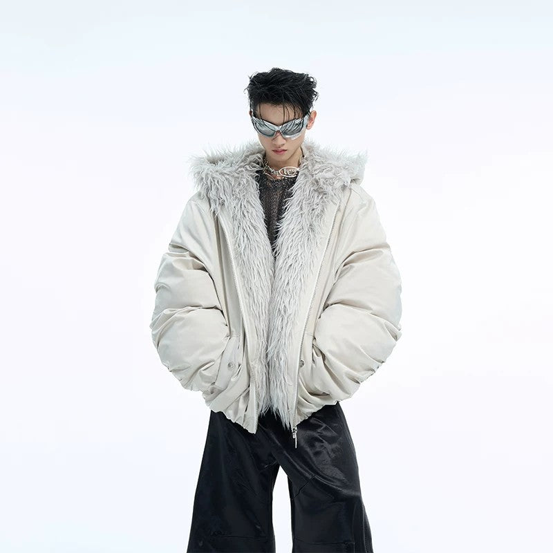 Men's black heavyweight hooded padded jacket in a loose streetwear fit.