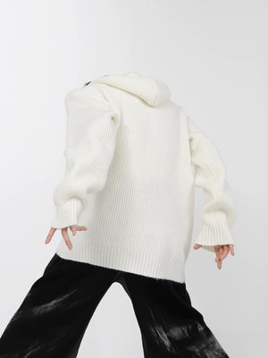 Back view of a black drop shoulder knit streetwear hoodie