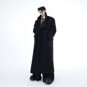 Front view of a premium heavyweight oversized long wool coat in black