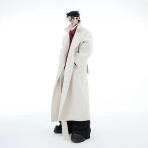 Model wearing the oversized dropped shoulder wool coat in a city setting