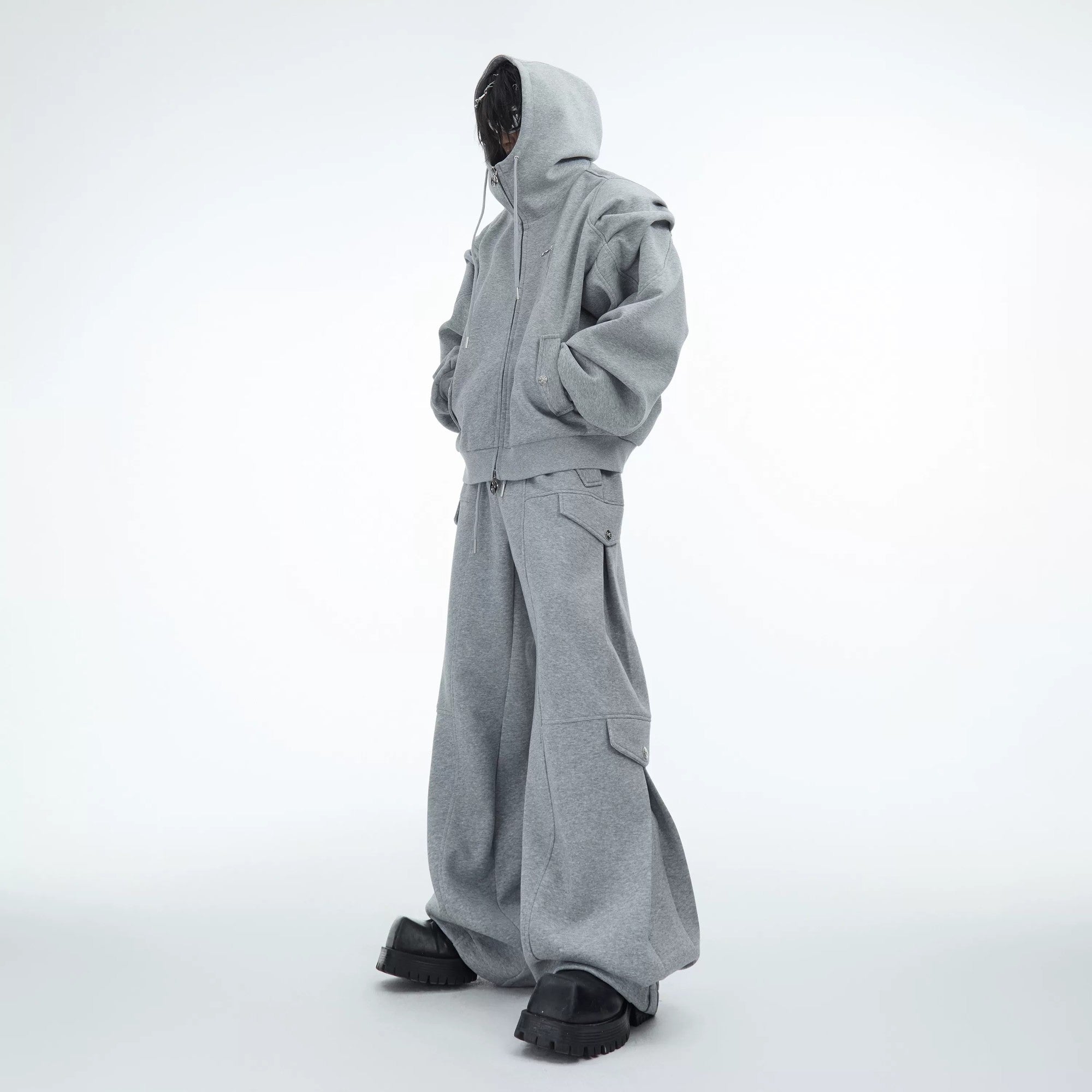 Gray heavyweight pleated zip-up hoodie and baggy pants set front view