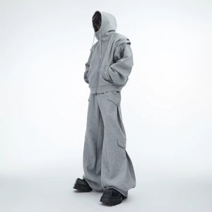 Gray heavyweight pleated zip-up hoodie and baggy pants set front view