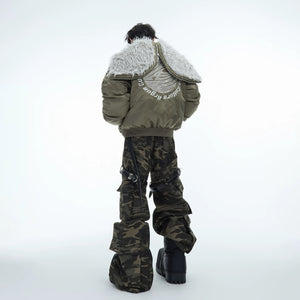 Brown colorway of the heavyweight plush bomber jacket worn in a street setting