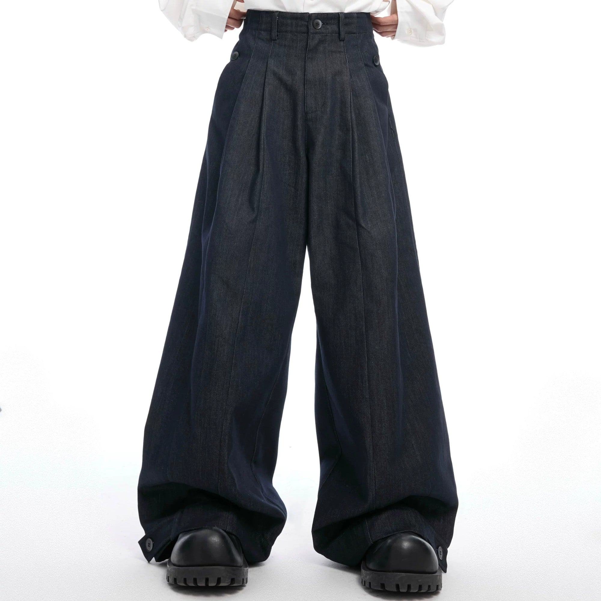 Front view of men's heavyweight raw denim pleated wide-leg jeans