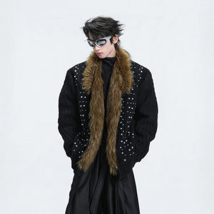 Front view of a heavyweight vintage fur collar cardigan in black
