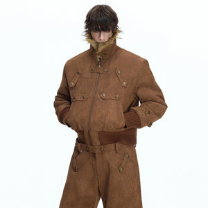 Front view of a heavyweight vintage brown suede jacket with a fur collar.