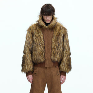 Close-up of the premium faux mink fur collar and suede texture.