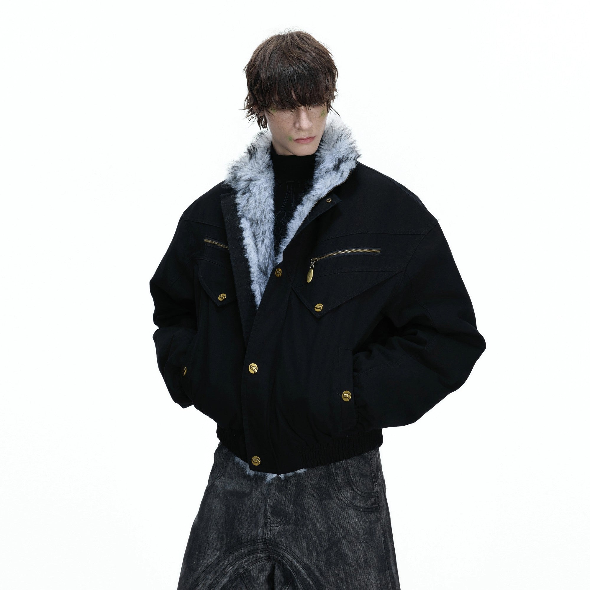 Men's vintage khaki washed canvas workwear jacket with faux fur collar