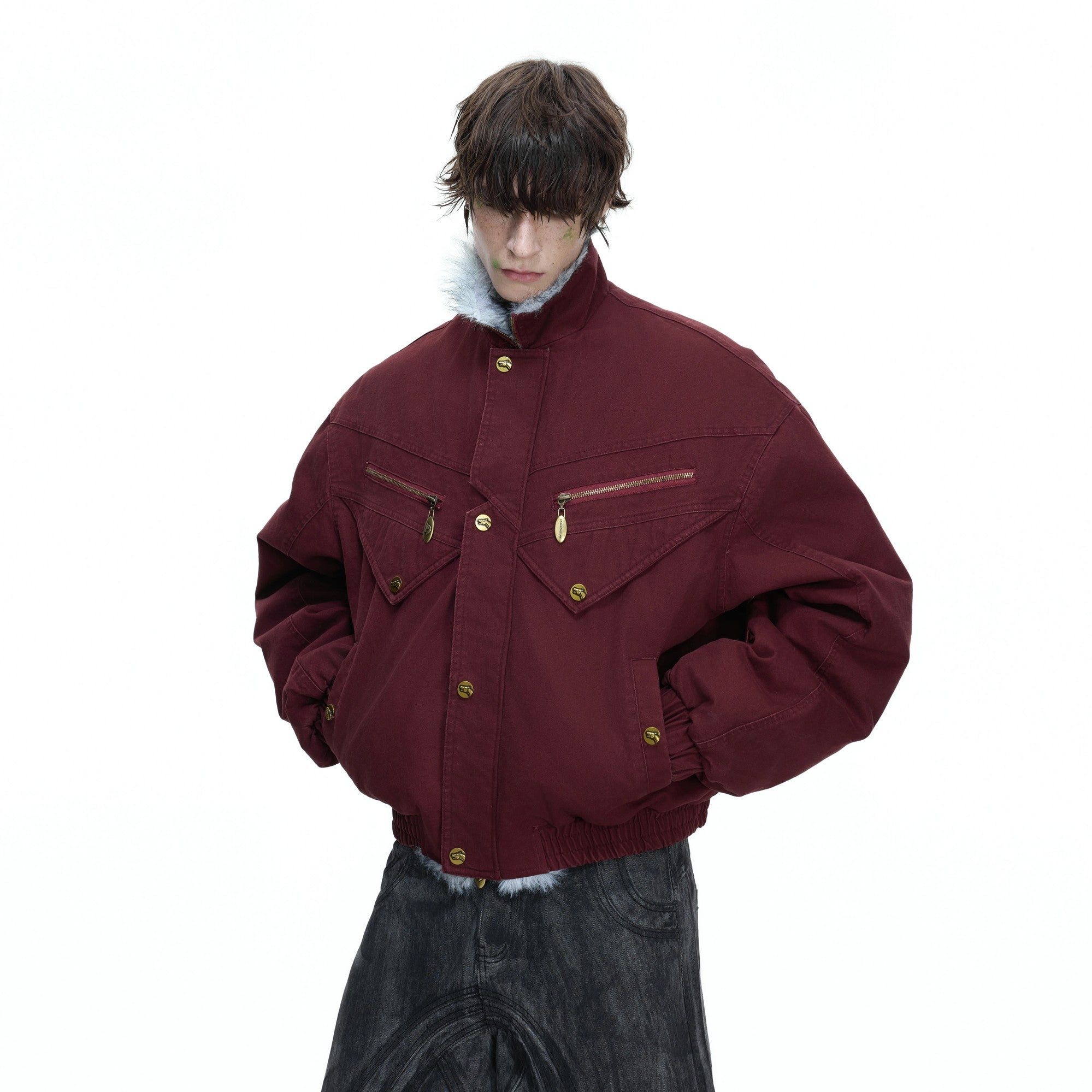 Streetwear style red heavyweight canvas jacket with deconstructed design