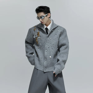 Front view of the heavyweight high-neck sequin wool sweater in black