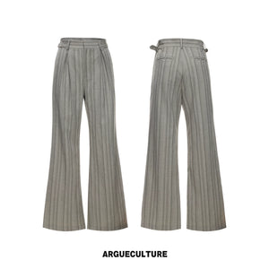 Khaki Striped Cuban Collar Shirt and Wide-Leg Pants Set - Khaki Pants