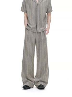 Khaki Striped Cuban Collar Shirt and Wide-Leg Pants Set - main image 4