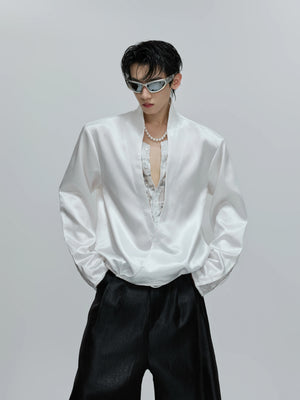 lace-patchwork-cropped-satin-v-neck-blouse-for-streetwear-red