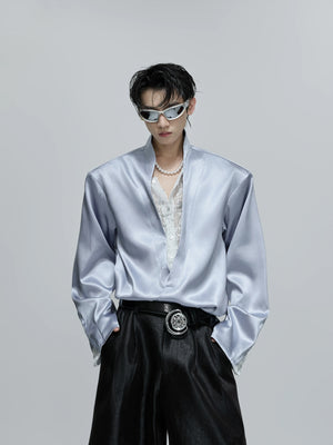 lace-patchwork-cropped-satin-v-neck-blouse-for-streetwear-white