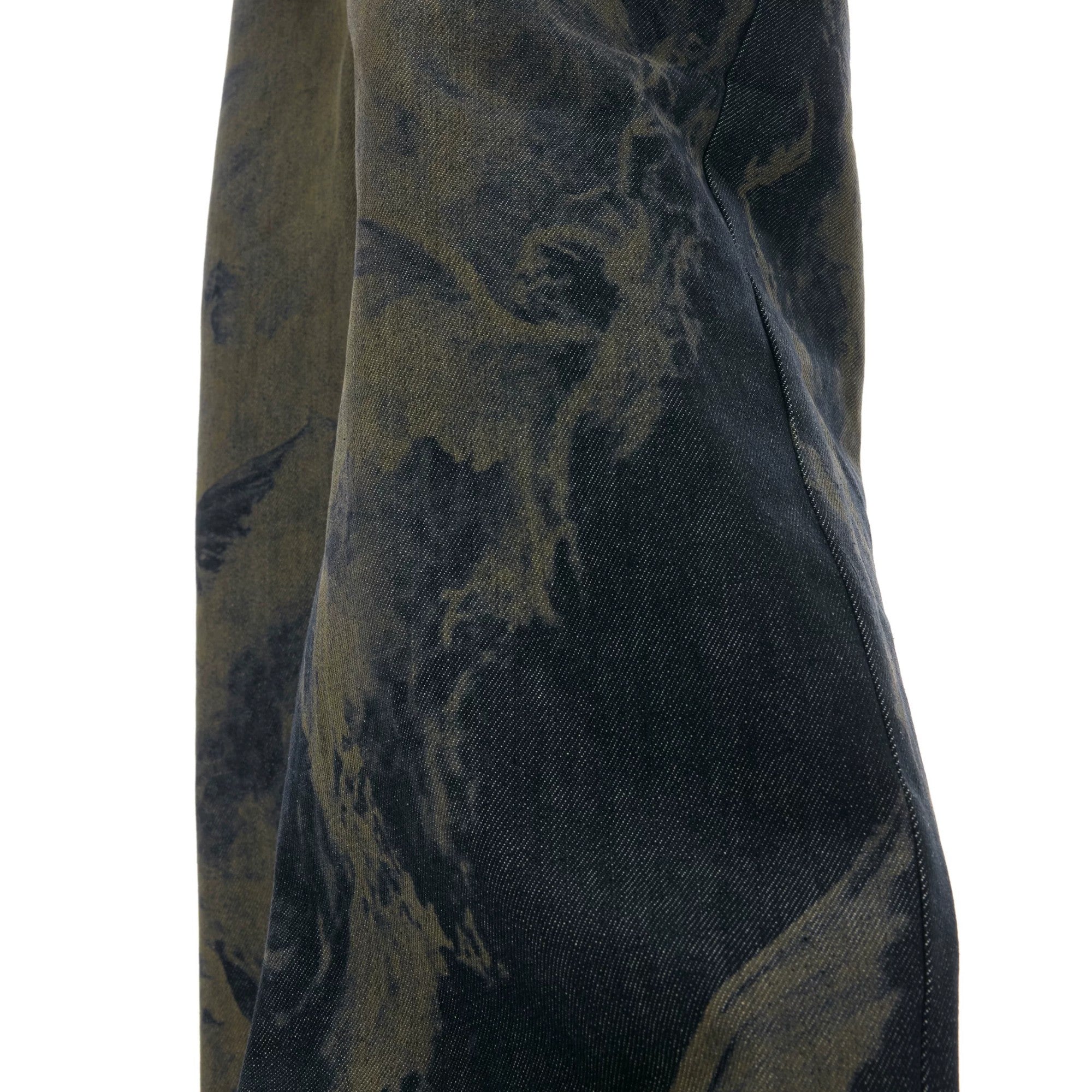 Close up of laser engraved artistic patterns on heavy duty denim fabric