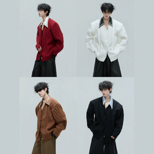 Model wearing the retro quiet luxury wool cardigan in a street setting.