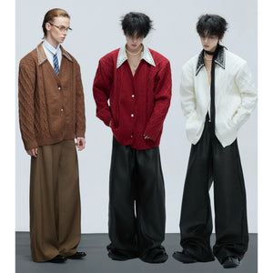 Back view of the slim fit fake two-piece wool knit cardigan.