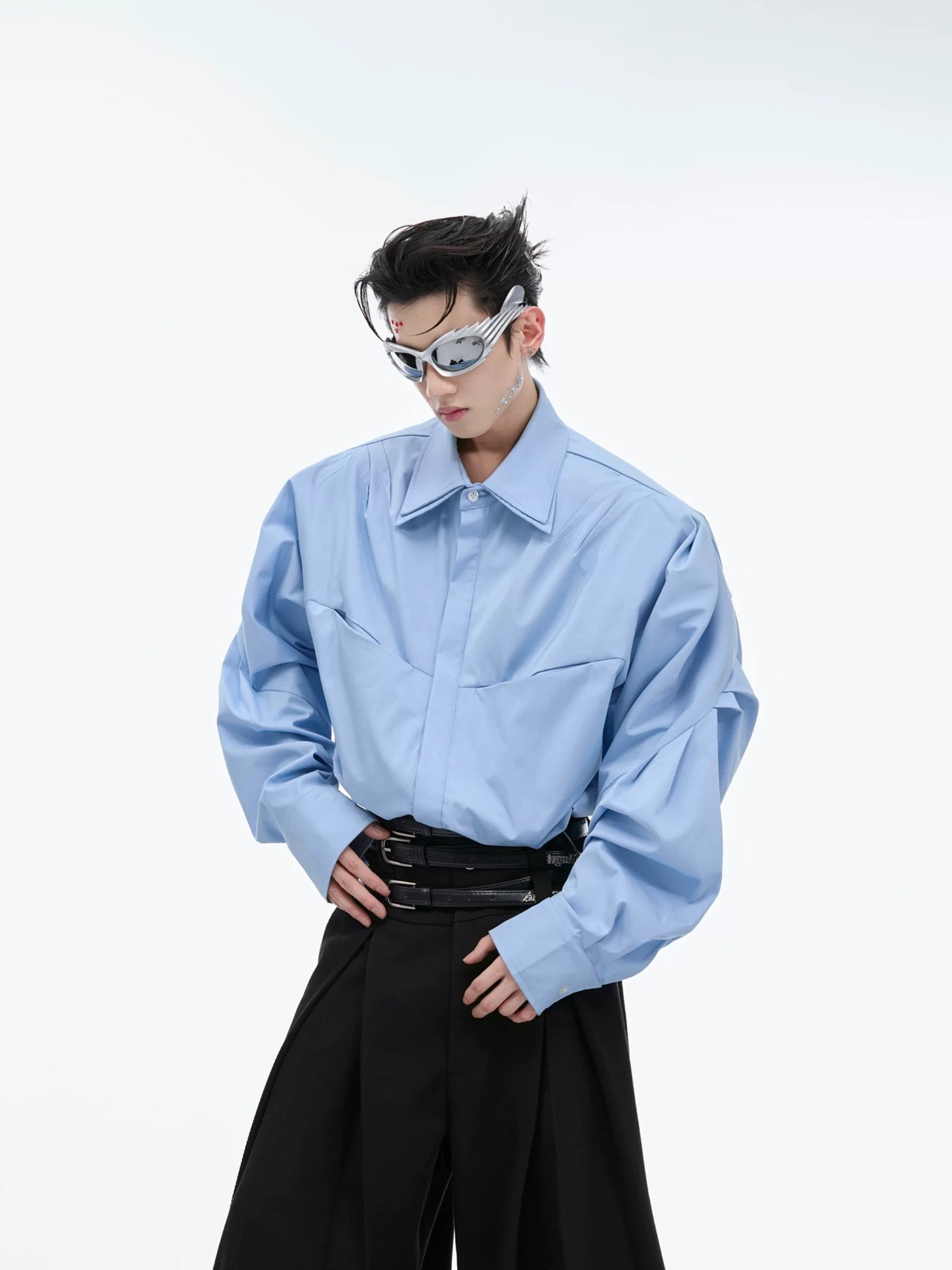 White deconstructed oversized shirt with layered collar detail