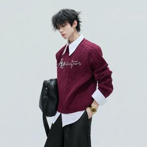 Model wearing khaki layered knit top in a street style setting