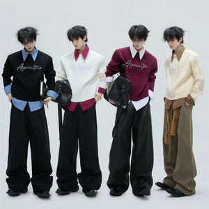 Lifestyle shot of the faux two-piece design knit sweater