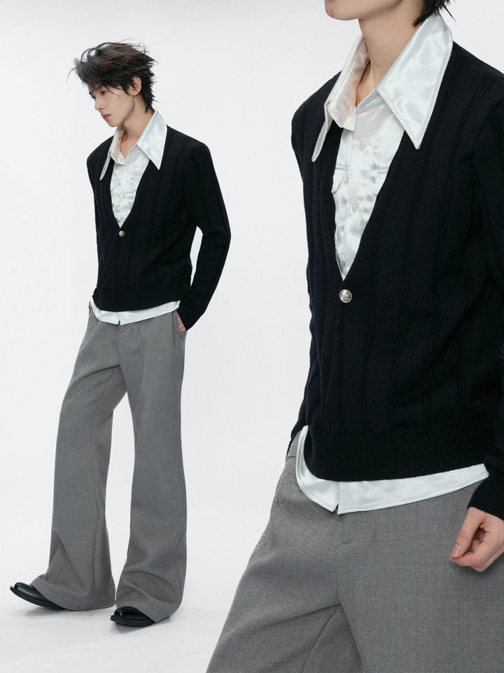 Layered Satin Collar Knit Sweater in Black & Brown - main image 1