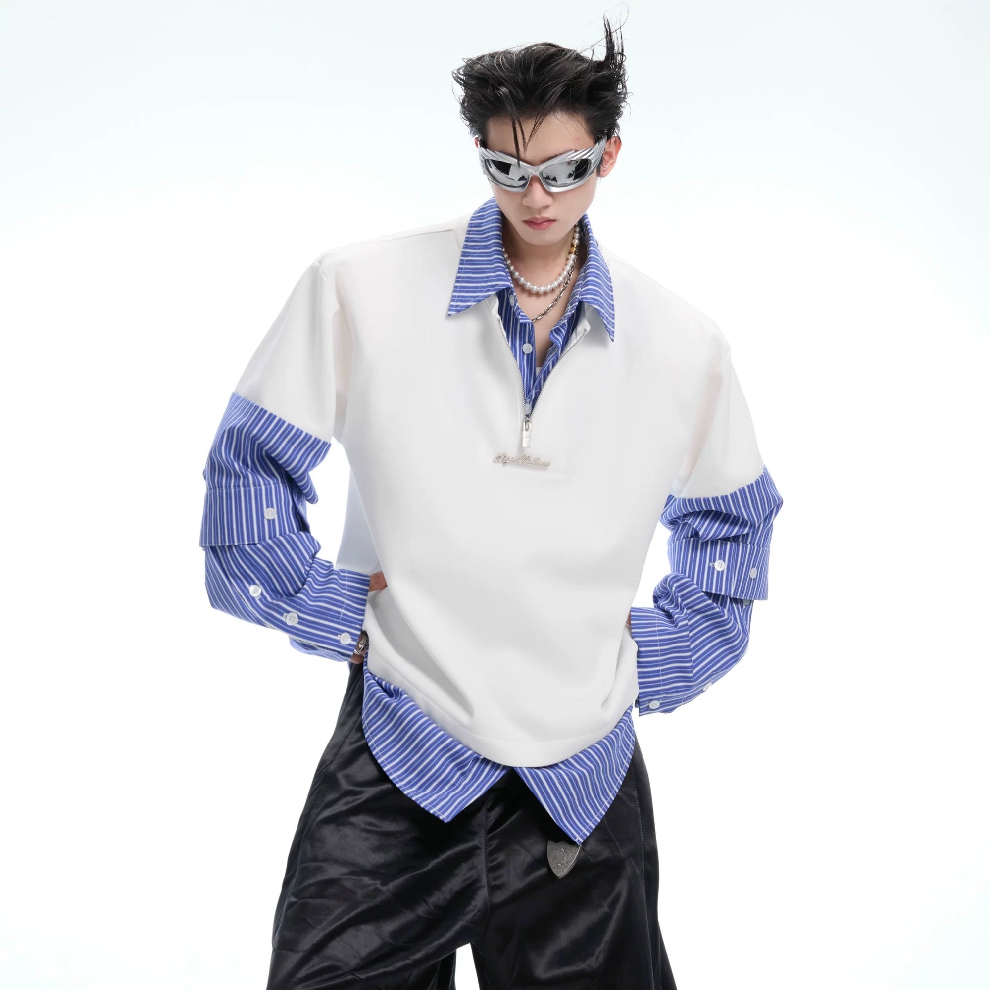 Streetwear style black striped 2-in-1 layered shirt for men