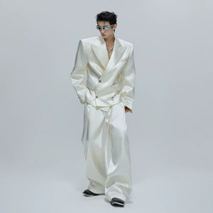 High-end white liquid gloss suit set for men in a street setting