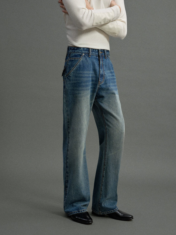 Low-Rise Washed Blue Straight-Leg Cotton Denim Jeans - main image 1