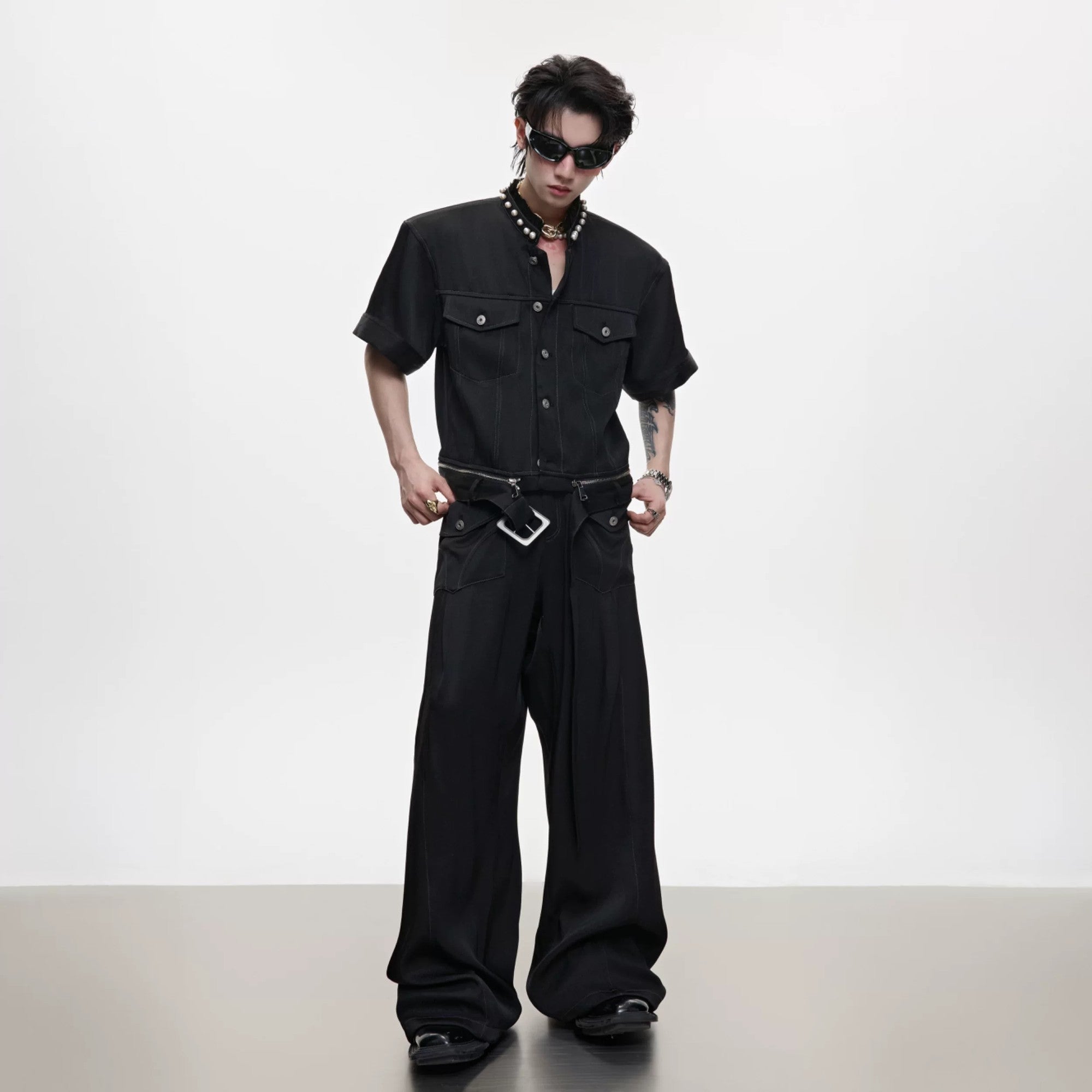 White luxury denim set with pearl trim and contrast stitching