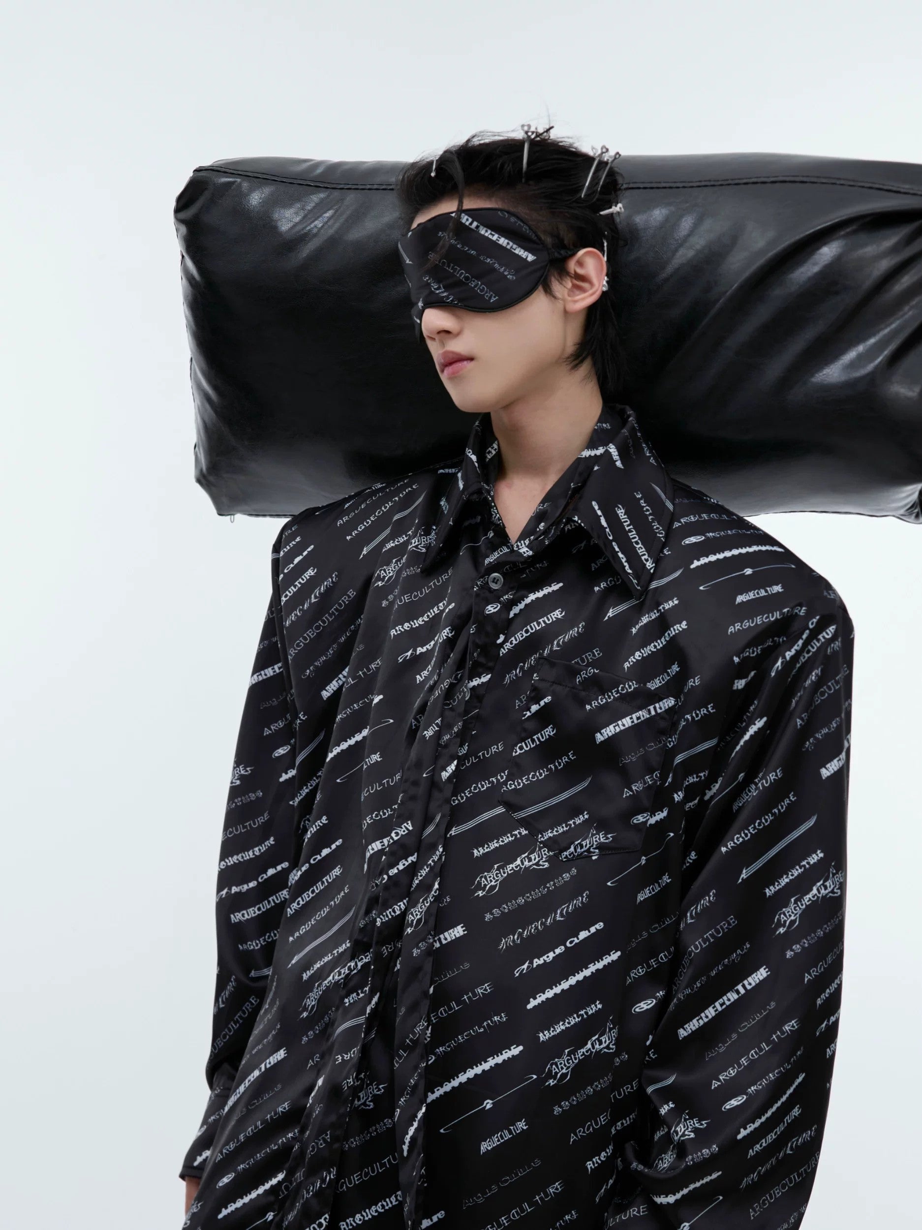 Premium black ice silk loungewear top with padded shoulders and necktie.