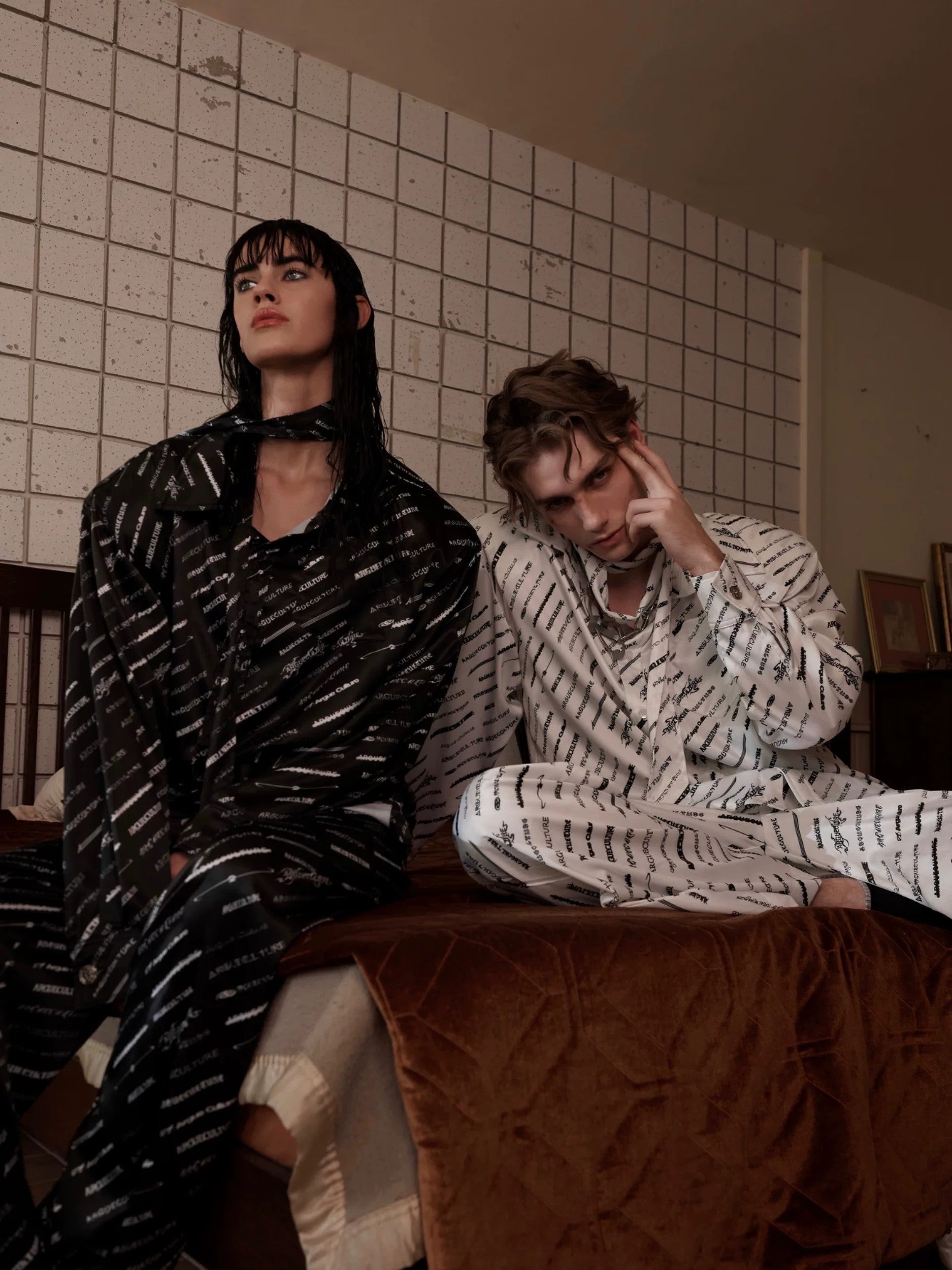 White luxury silk pajama set for couples with structured silhouette.