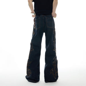 Full length styling shot of A-line denim pants demonstrating the flared silhouette and retro streetwear look
