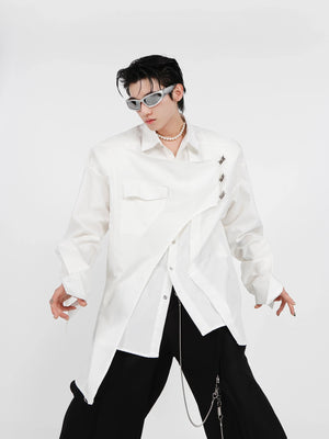 Avant-garde asymmetric cotton shirt with unique double-layer design, perfect for streetwear fashion