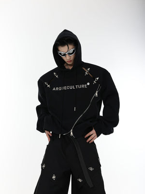 Side angle showing unique airplane buckle details on this deconstructed long sleeve streetwear hoodie
