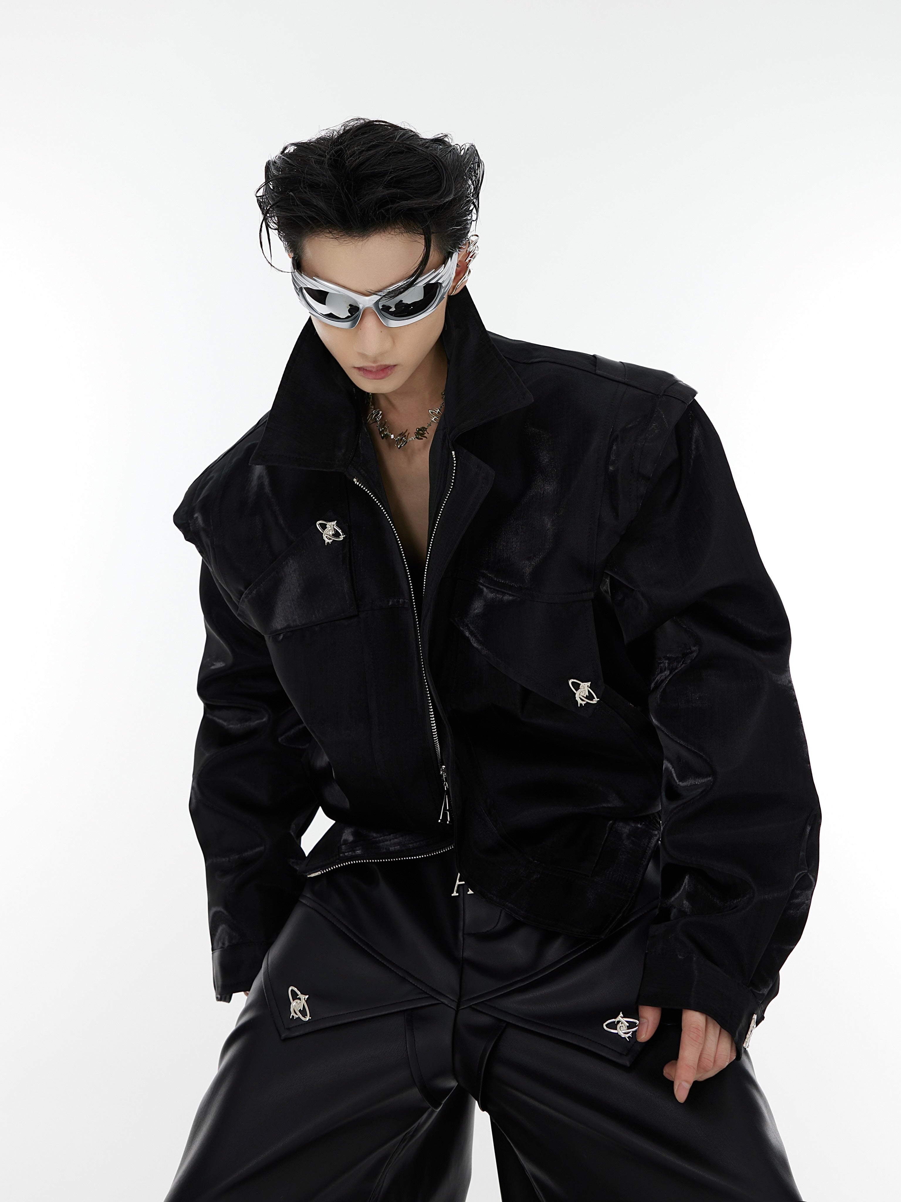 Unique deconstructed leather jacket featuring asymmetrical geometric pockets and innovative 3D architectural tailoring