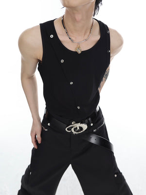 Side angle showing edgy metal accents and unconventional silhouette of gender-neutral knit vest