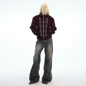 Close-up of cotton-polyester blend fabric showing the slub texture and premium quality of vintage jeans