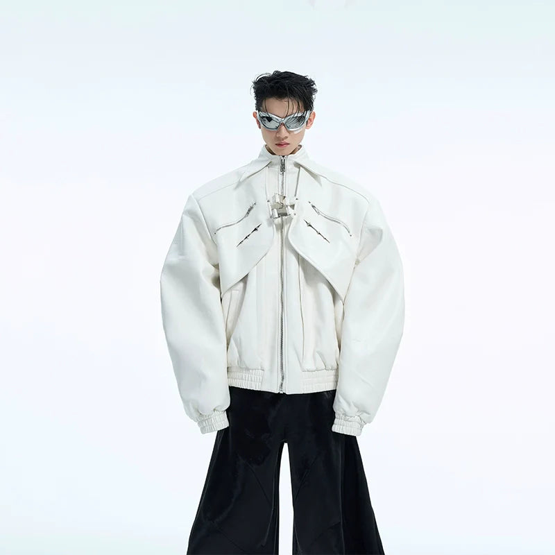 Front view of deconstructed biker jacket in heavyweight PU leather with metal buckles and asymmetrical zipper