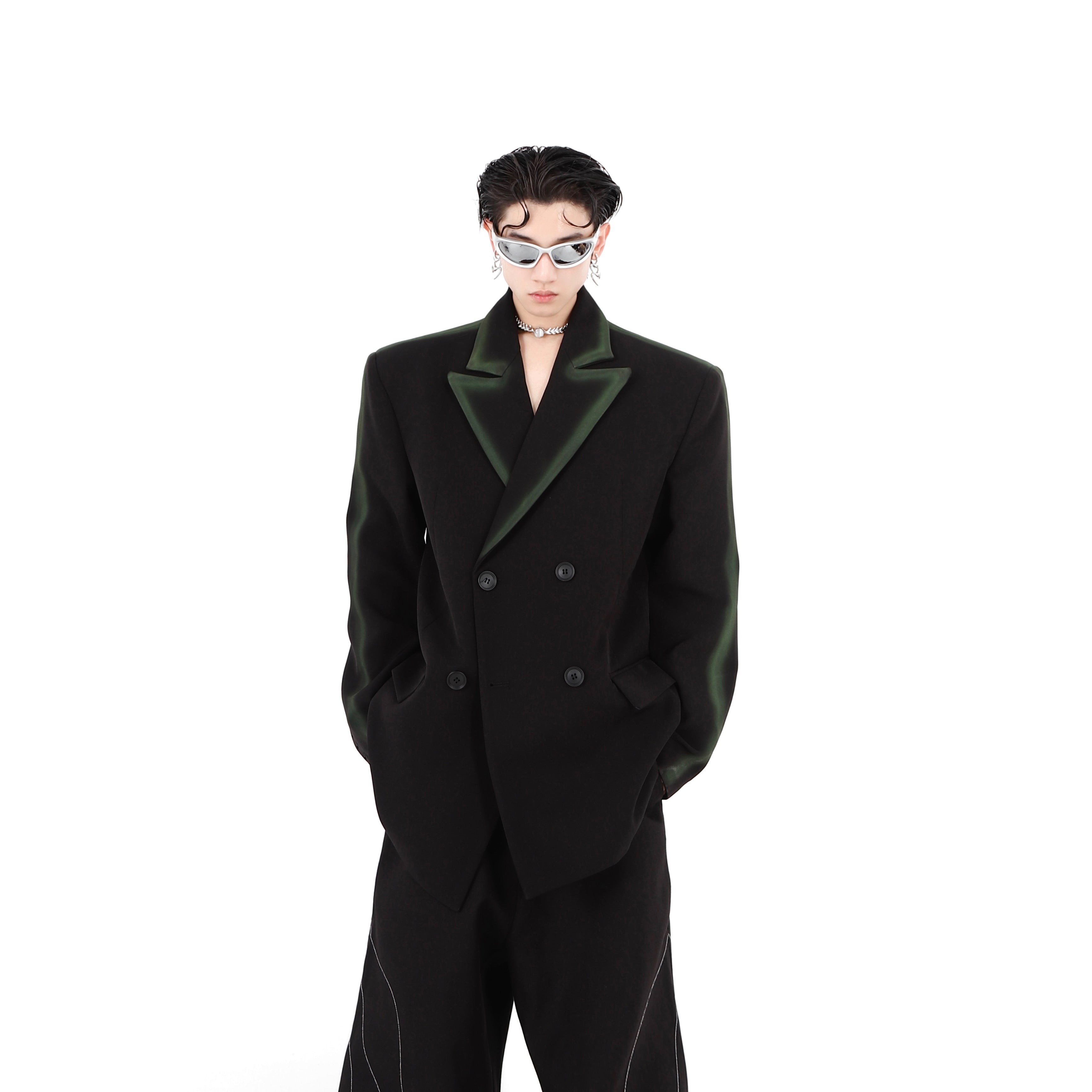 Black to green gradient oversized blazer with shoulder pads, a trendy streetwear statement piece for bold fashion looks